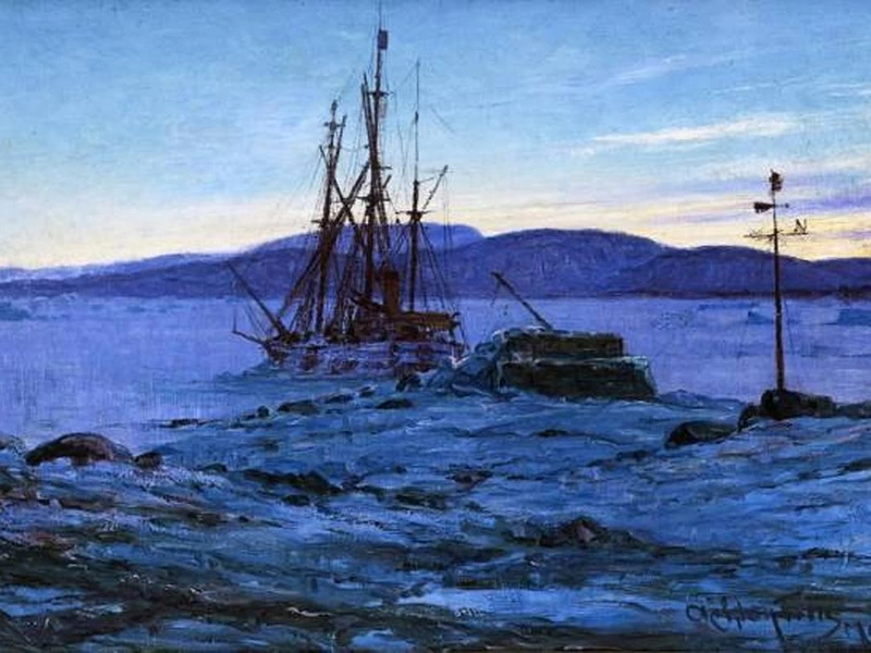 1871-Achton Friis - La nave da spedizione Denmark al tramonto dipinta da Friis all'inizio del 1907